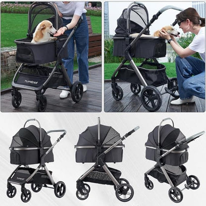 Pet Stroller for Small Medium Dogs, Cat Stroller Travel System Four Wheel Dog Stroller with Carrier, Zipperless Entry/Cup Holder/Storage Basket