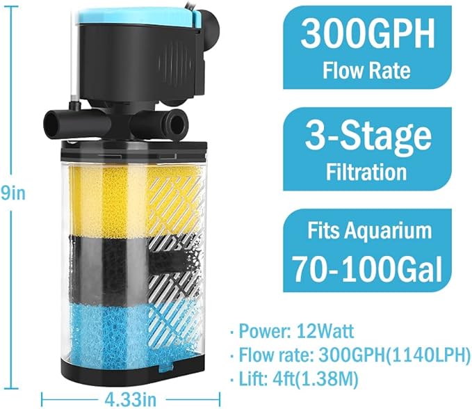 Kulife Aquarium Filters – 3-Stage Aquarium Filter in-Tank Filter Internal Filter Fish Tank Filter Turtle Filter for 70-100 Gallon Fish Tanks with Dual Water Outlet and Aeration
