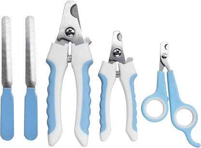 5Pieces Dogs and Cats Grooming Nail Clippers Kit Pet Claws Nail Clipper Trimmers, with Protective Guard Lock to Avoid Over Cutting, Professional Trimmers for Large and Small Cat and Dog Animal. (Blue)
