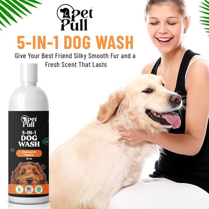 5-in-1 Dog Wash - Plant Based Dog Grooming Supplies for Dogs Cleanses - Skin Care Dog Wash Shampoo - Sulfate Free, All Natural Puppy Wash -Coconut and Papaya Scent -Made in USA (16 Fl Oz)