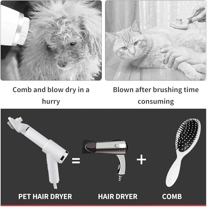 3 in 1 Professional Pet Grooming Dryer with Slicker Brush - Adjustable Temperature Settings for Dogs and Cats (White)