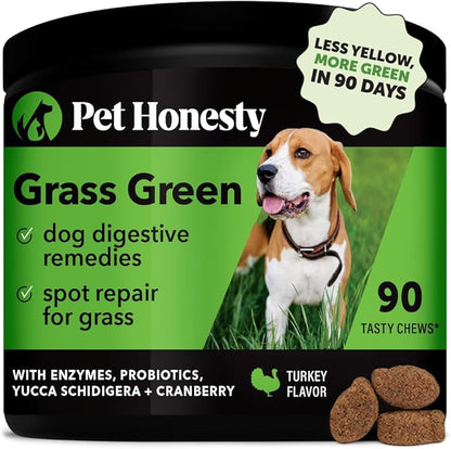 Pet Honesty Grass Green - Pee Grass Spot Saver Caused by Dog Urine, Gut Health Probiotics, Dog Urine Neutralizer for Lawn, Grass Burn Spot Chews, Cranberry, Apple Cider Vinegar, Dog Rock (Turkey 90ct)