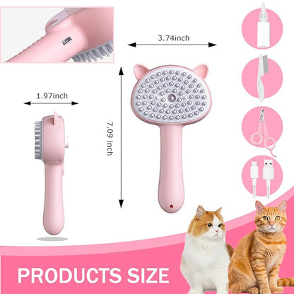 Cat Steam Brush, 3 in 1 Steamy Cat Brush for Shedding, Pets Spary Brush With Release Buttom, Self-Cleaning Cats Dogs Hair Grooming Comb, Pets Steamy Brush With Water Tank, Pink