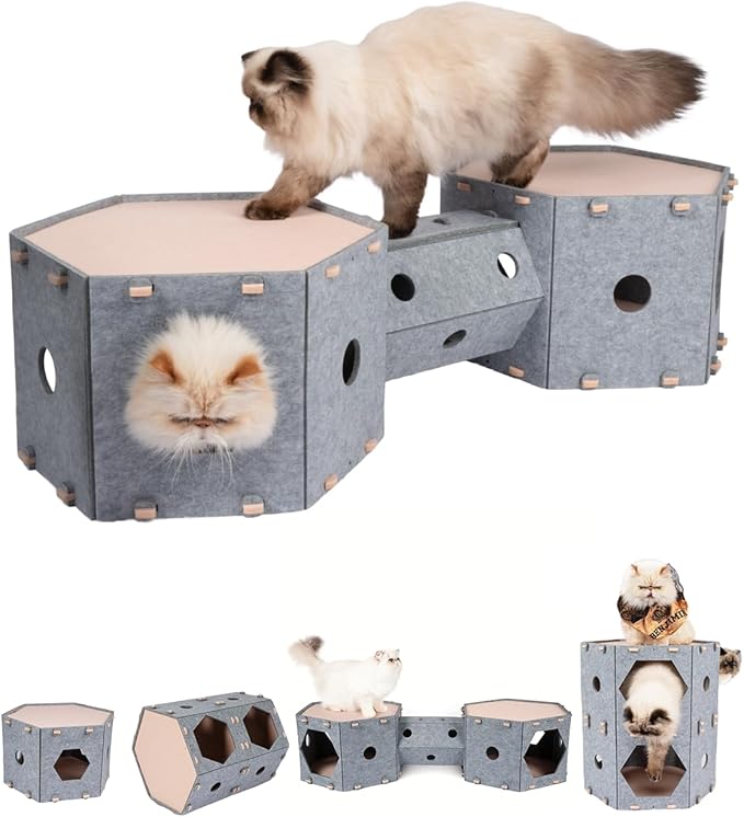 Cat Play House for Indoor Cats & Small Dogs, Muzzique Expandable Modular Felt Pet Tunnel Castle, Large Scratch Kitten Condo, Stackable Kitty Cave Platform, Sleeping Puppy Bed, XL Nest with Hair Brush