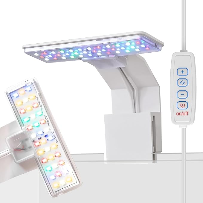Mini Clip-On Aquarium Light 7W USB Dimmable Fish Tank Lamp with 3 Light Modes (Full Spectrum/White/RGB), 9-Level Brightness, Compact LED Light for 1–3 Gallon Aquariums