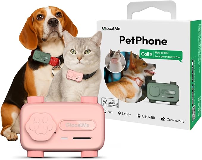 GlocalMe PetPhone GPS Tracker for Dog and Cat, AI Health Alerts and Two-Way Call, Real Time Tracking and Virtual Fence, Pet Tracker with 6 Advanced Location Technologies, Unlimited Range (Pink)