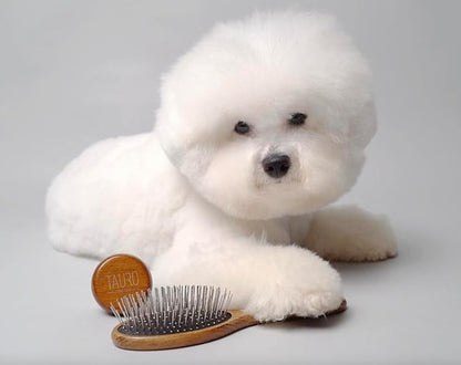 Tauro Pro Line Wooden Dog Brush for Long & Short Hair - Deshedding & Detangling Brown Massage Brush for Dog & Cat Grooming - Oblong Flexible Cushion & Lightweight, Ideal for All Coat Types