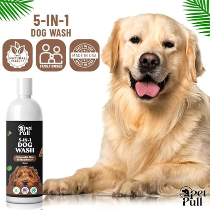 5-in-1 Dog Wash - Plant Based Dog Grooming Supplies for Dogs Cleanses - Skin Care Dog Wash Shampoo - Sulfate Free, All Natural Puppy Wash Made in USA (16 Fl Oz) (Oatmeal, Aloe, Shea-Butter)