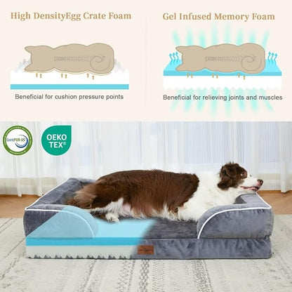 Cooling Dog Bed for Large Dogs, Memory Foam Orthopedic Dog Bed, Waterproof Dog Beds, Washable Dog Bed with Removable Cover,Pet Bed Dog Sofa with Bolster(Large,Leaden Grey)
