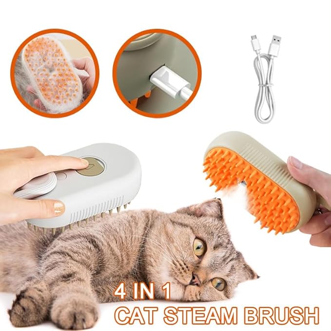 4 IN 1 Steam Pet Brush for Cats & Dogs, 84 Massage Teeth Spa-Level Electric Grooming Tool with Static-Free Shedding & Steam Cleaning, 150min Rechargeable Deshedder (Khaki)