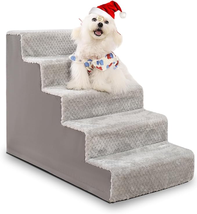 Dog Stairs for Small Dogs,22" H,5-Step Dog Steps for High Bed Couch and Sofa,Pet Stairs for Dogs and Cats Climbing with Non-Slip Bottom and Washable Cover,Light Grey