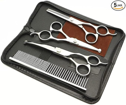 5 in1 Dog Grooming Scissors Kit,Professional Pet Grooming Scissors with Safety Round Tips,4CR Stainless Steel Sharp and Heavy-duty for Dogs Cats Pets