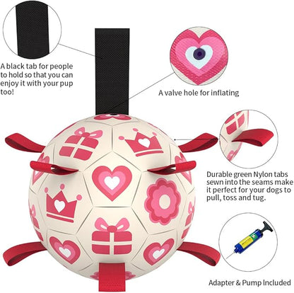 QDAN Pink Dog Toys Soccer Ball with Straps,Interactive Dog Toys for Tug of War,Valentines Gift Puppy Birthday Gifts,Dog Tug Toy,Dog Water Toy,Durable Dog Balls for Medium & Large Dogs（8 Inch）