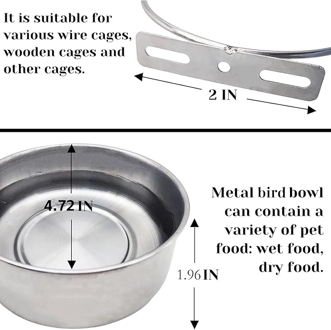 PINVNBY 2pcs Stainless Steel Bird Bowl Water Bowl Stainless Steel Bird Feeding Dish Cups for Parrot Parakeet African Greys Conure Cockatiels Lovebird (Diameter: 4.72 inches M)
