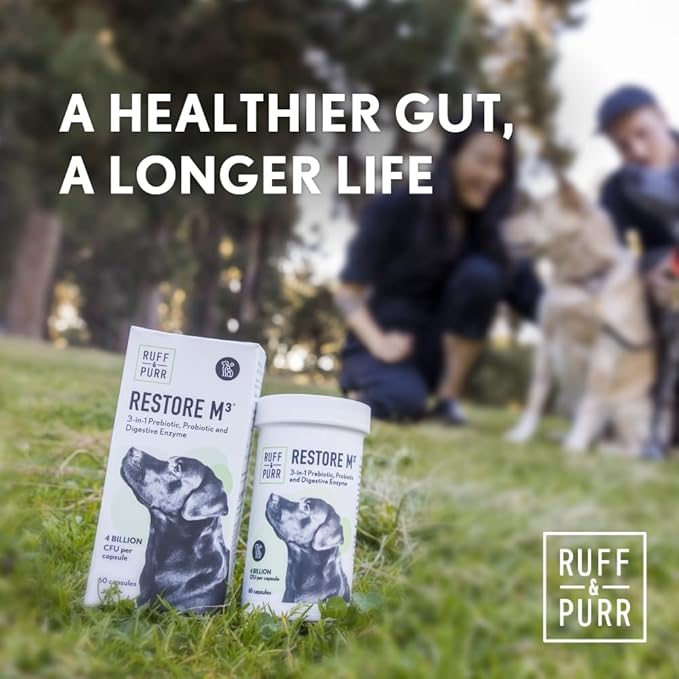 Ruff & Purr Probiotics for Dogs  3-in-1 Probiotics, Prebiotics and Digestive Enzymes for Gut Health, Immune Support, Healthy Skin and Coat  Clinically Studied DE111 & PreforPro