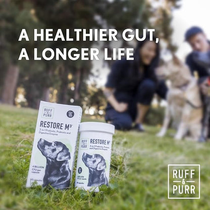 Ruff & Purr Probiotics for Dogs  3-in-1 Probiotics, Prebiotics and Digestive Enzymes for Gut Health, Immune Support, Healthy Skin and Coat  Clinically Studied DE111 & PreforPro
