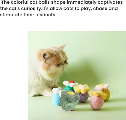 6Pcs Cactus Cat Toy Balls Cotton Rope Pet Scratching Assorted Colored Cat Rope Balls Chew Eco-Friendly Toy Pets Interactive Toy Cat Toys (Assorted Colored, 6pcs)
