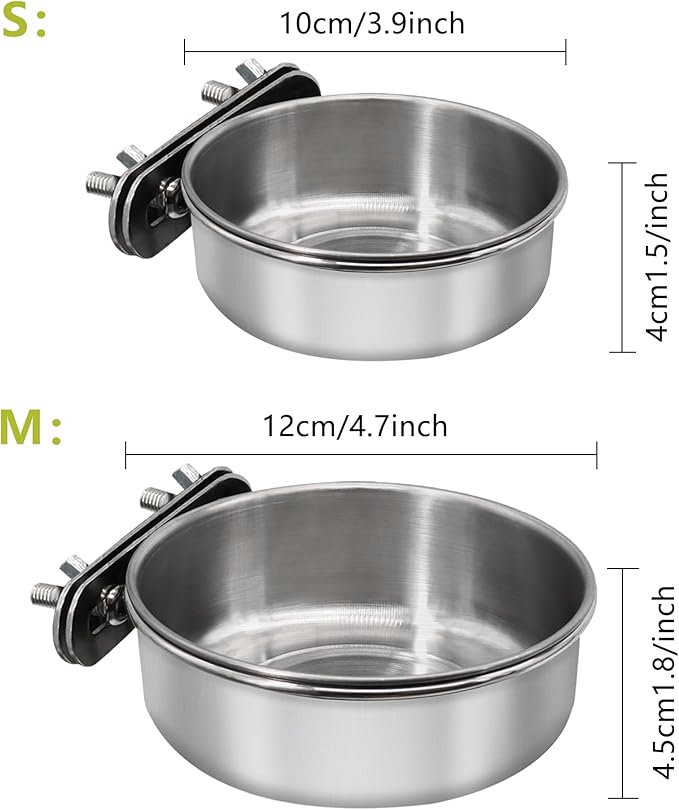 Small+Medium Bird Feeding Dish Cups,Parrot Food Bowl Cage with Clamp Holder Stainless Steel,Birdcage Coop Water Feeder for Cockatiel Parakeet Macaw Finches Lovebirds Small Animals (1 Pack, S+M)
