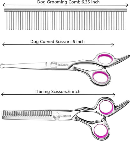 Dog Grooming Scissors - 3 in 1 Pet Grooming Shears Set, Curved Tips, Pink