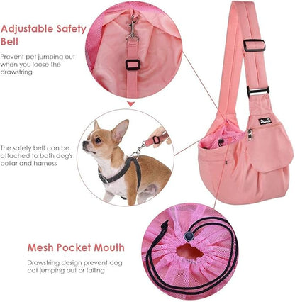 SlowTon Dog Carrier Sling - Hard Bottom Support Dog Carriers for Small Dogs with Adjustable Padded Shoudler Strap, Dog Purse for Puppy Cat Pet with Drawstring Opening Storage Zipper Pockets (Peach)