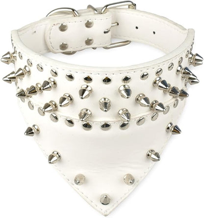 Dogs Kingdom 20"-26" Length Triangle Collar Design Spiked Silver Rivets Studded Leather Dog Collar Heavy Duty for Medium Large Breeds Pitbull Mastiff Boxer Bully White S