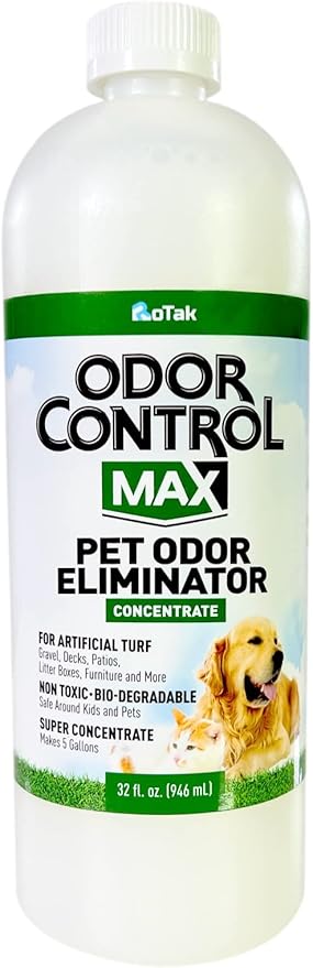 RoTak Odor Control MAX Pet Odor Eliminator Concentrate Indoor Outdoor Scent Neutralizer Deodorizer with Live Enzyme Perfect for Artificial Turf and Litter Box (32 oz Concentrate - Makes 5 Gallons)