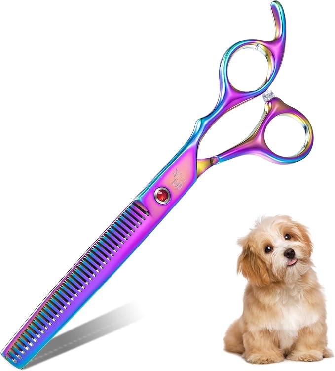 7" Dog Thinning Shears for Grooming, Multicolour Texturizing Scissors for Medium and Big Pets Japanese Stainless Steel 440C Sharp and Sturdy Grooming Shears for Novice and Professional Groomers