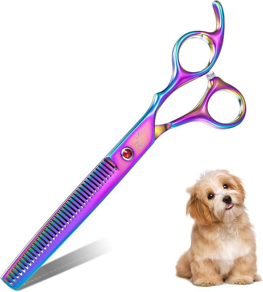 7" Dog Thinning Shears for Grooming, Multicolour Texturizing Scissors for Medium and Big Pets Japanese Stainless Steel 440C Sharp and Sturdy Grooming Shears for Novice and Professional Groomers
