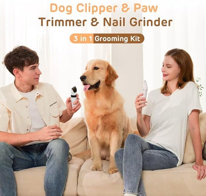 Dog Hair Clippers for Grooming Kit and Dog Paw Trimmer Nail Grinder for Grooming, Low Noise Rechargeable Cordless, Shaver Grooming Supplies for Pet Cats Dogs (White, White)