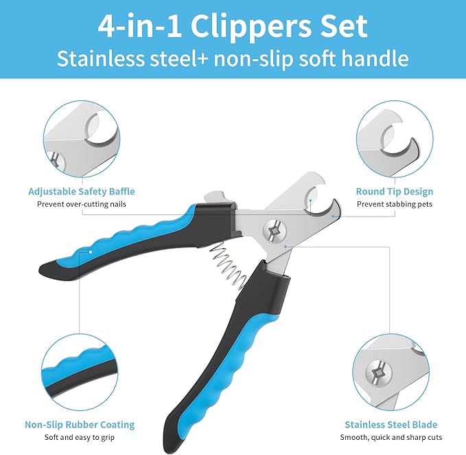 Professional Dog Nail Trimmers & Clippers with Safety Guard - 4-Piece Grooming Kit for Safe Painless Nail Trimming, Includes Pet Nail Clippers and Dog Brush for Shedding