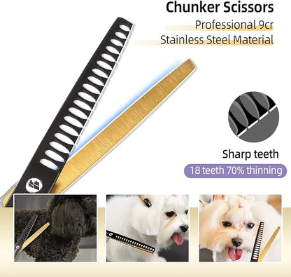 Dog Grooming Scissors Kit for Small Dogs, Black and Gold Two-Color Blender Shears Chunker Shears Curved Scissors Straight Scissors 4 pcs Set(Black&Gold,Kit)