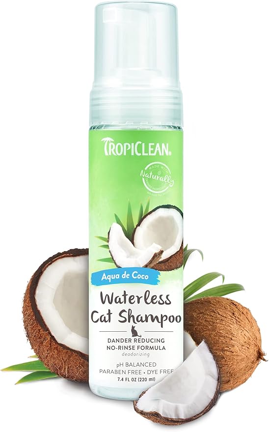 TropiClean No Rinse Waterless Cat Shampoo | Dandruff Treatment | Moisturizing Dry Shampoo for Dry Skin | USA Made | Aqua de Coco Scent | 7.4oz.