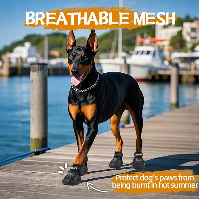 JZXOIVA Dog Shoes for Hot Pavement, Dog Booties for Medium Dogs, Breathable Dog Boots & Paw Protectors, Adjustable Non-Slip Dog Rain Booties, Waterproof Pets Sandals for Beach Black Size 6