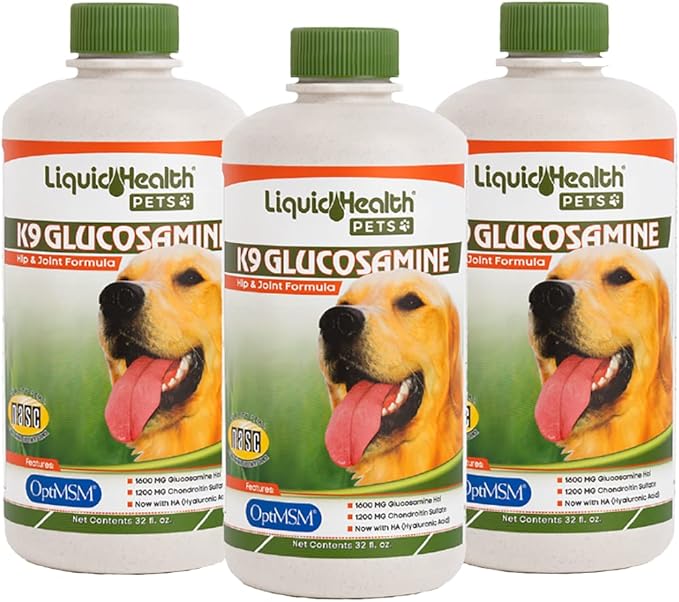 LIQUIDHEALTH Pets K9 Liquid Glucosamine for Dogs, Puppies, Senior Canines with Chondroitin, MSM, Hyaluronic Acid - Dog Vitamins for Hip Joint Health, Dog Joint Oil, Joint Juice - Made in USA (3 Pack)