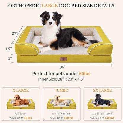 Waterproof Dog Beds Large Sized Dogs, Large Dog Beds Orthopedic Foam, Comfy Pet Bed Sofa with Washable Removable Cover & Non-Slip Bottom(Large,Spicy Mustard)