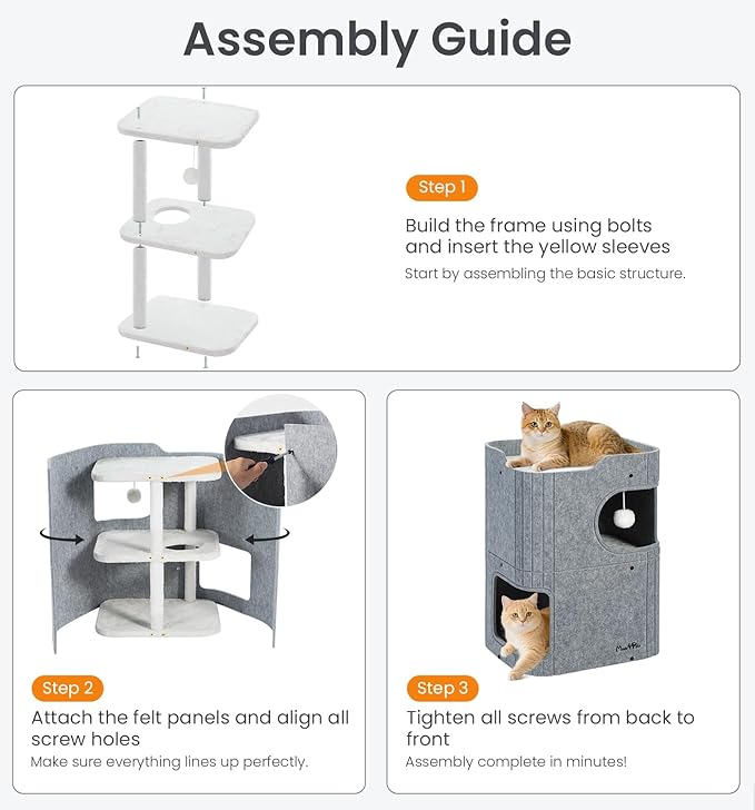 Made4Pets Cat House for Indoor Use, 2-Storey Cube Bed Cave, Covered Hideaway Condo with Scratch-Resistant Felt, Foldable Easy-to-Clean Design for Multi-Cat Homes, Grey