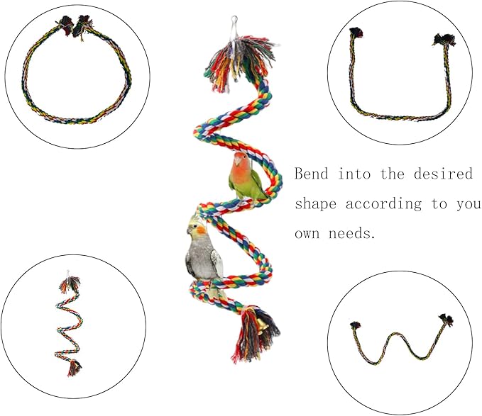 Bird Rope Perch,Birds Perch,Bird Perches for cage,Parakeet perches,Rope Perch for Conures,Parrot,Cockatiel,Lovebird,Budgerigar,Bird cage Accessories,Chew Toys
