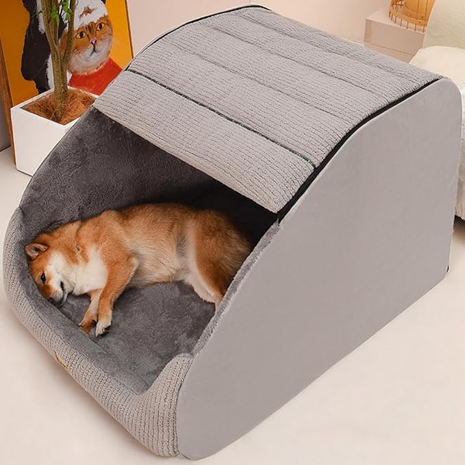 Large Dog House Indoor, Soft Plush Dog Cave Bed Covered Dog Bed with Fluffy Washable Cushion, Portable Dog/Cat Pet Tent House for Small Medium Dogs (Grey, X-Large)