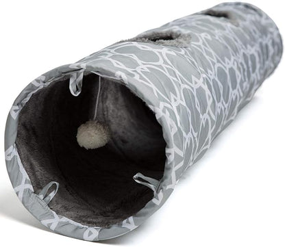 LUCKITTY Geometric Straight Cat Tunnel with Plush Inside,Cats Toys Collapsible Tunnel Tube with Balls, for Rabbits, Kittens, Ferrets,Puppy, Diameter 9.8 Inch
