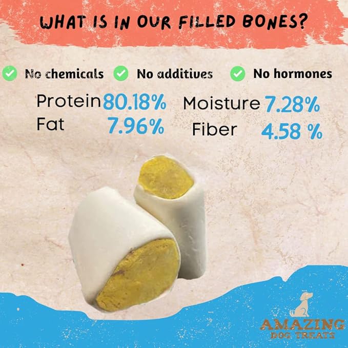 Amazing Dog Treats - Stuffed Shin Bone for Dogs (Bacon and Cheese, 2-3 Inch - 4 Count) - All Natural Dog Bones