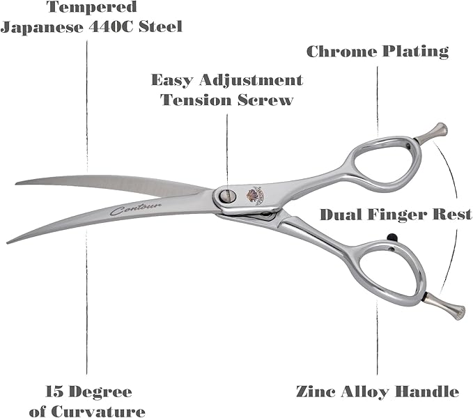 6.25 Contour Curved Shear Pet Dog Grooming Scissors, Patent Grip Design, Easy Adjust, Japanese 440C Tempered Steel, Lightweight, Professional Dog Scissors For Dog Grooming (Serrated)