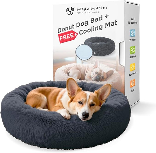 Donut Dog Bed + Removable Cooling mat, Calming Dog Bed Washable Ideal for Small to Large Dogs and Cats & Round Dog Bed, Multiple Sizes (Blue, Combo Medium (30" L x 30" W x 8" Th))