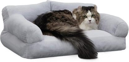 Hollypet Fluffy Plush Dog Cat Pet Couch Soft Calming Sofa Beds for Medium Small Cats and Dogs, Light Gray