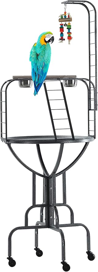 Large Elegant and Durable Parrot Bird Play Gym Ground Wrought Iron Rolling Stand Removable Metal Tray With Climbing Metal Ladder Toy Hook