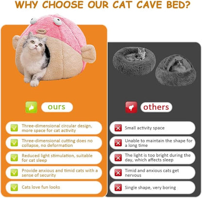 Cat Beds for Indoor Cats - Cat Bed Cave with Removable Washable Cushioned Pillow, Soft Plush Premium Cotton No Deformation Pet Bed, Lively Pufferfish cat House Design, Pink, Multiple Sizes