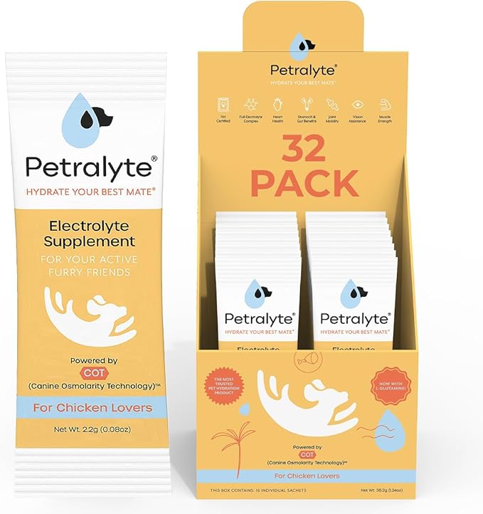 Petralyte Dog Electrolytes and Joint Supplement | Hydration Support for Dogs w/Glucosamine, Chondroitin & More | Electrolytes for Dogs with Prebiotics | for Chicken Lovers | 32 Packets