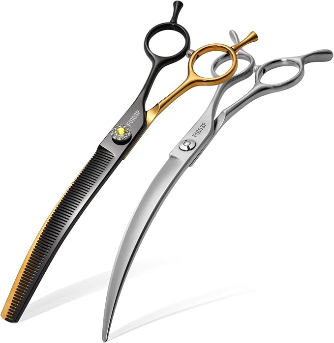 45°Curved Dog Grooming Scissors Curved Thinning Shears 2PCS Combo(Black&Gold)