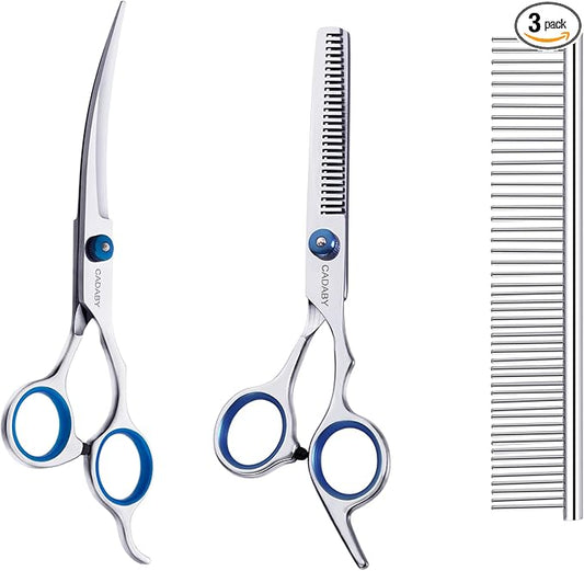 Dog Grooming Scissors,3 in 1 Dog Scissors with Safety Tips, Professional Stainless Steel Thinning Shears, Curved Pet Grooming Scissors Kit