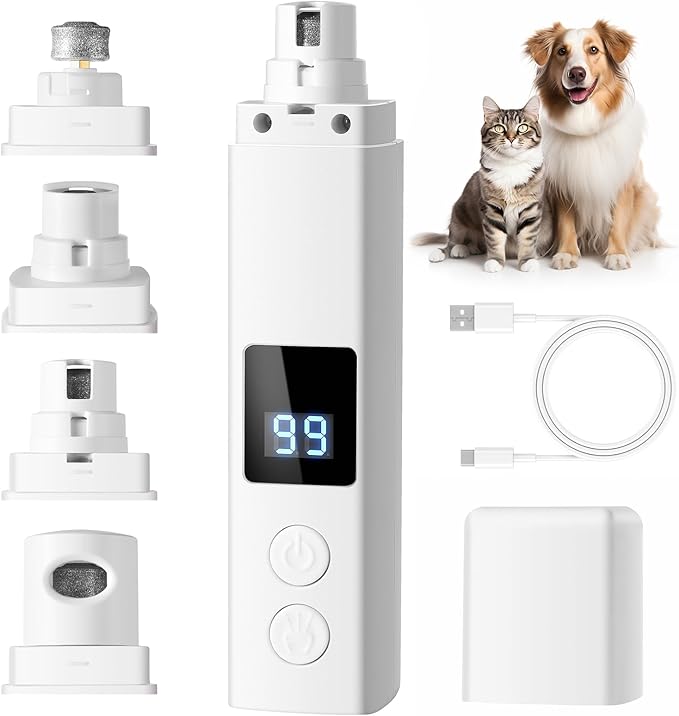 Professional 4-Speed Dog Nail Grinder, Electric Rechargeable Dog Nail Grinder with UV & Interactive Lights, Rechargeable Quiet Pet Nail Grinder, Nail Clippers for All Type Dogs Cat (White)