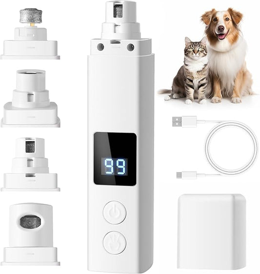 Professional 4-Speed Dog Nail Grinder, Electric Rechargeable Dog Nail Grinder with UV & Interactive Lights, Rechargeable Quiet Pet Nail Grinder, Nail Clippers for All Type Dogs Cat (White)
